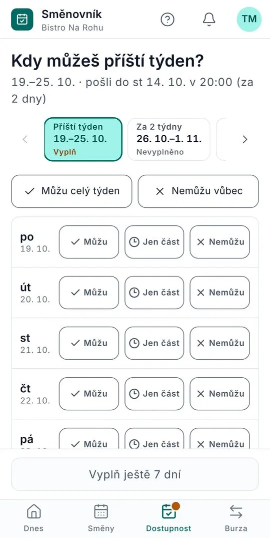 Směnovník v telefonu: brigádník u každého dne vybere „Můžu“, „Jen část“ nebo „Nemůžu“