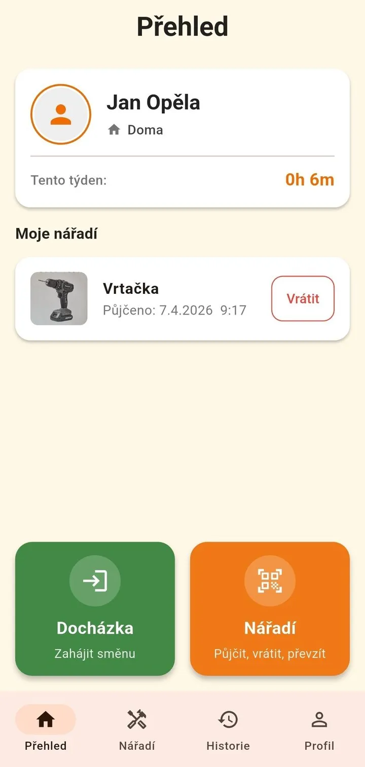 Stavebník v telefonu: přehled pracovníka s hodinami za týden, vypůjčenou vrtačkou a tlačítky Docházka a Nářadí